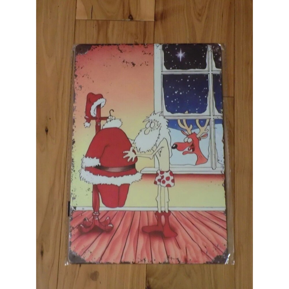 Metal Tin Decorative Art Sign Wall Decor Christmas Funny Thin Santa Claus Suit